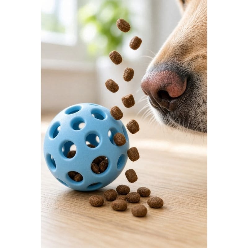 Dog using a treat-dispensing ball
